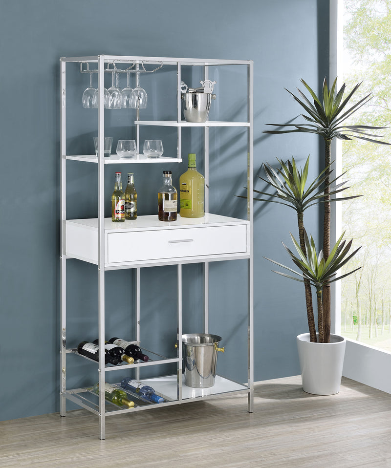 Figueroa 5-shelf Wine Cabinet with Storage Drawer White High Gloss and Chrome - Furniture Now (CA)