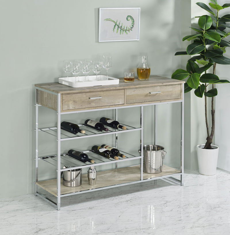 Melrose 2-shelf Wine Cabinet with 2 Drawers Gray Washed Oak and Chrome - Furniture Now (CA)