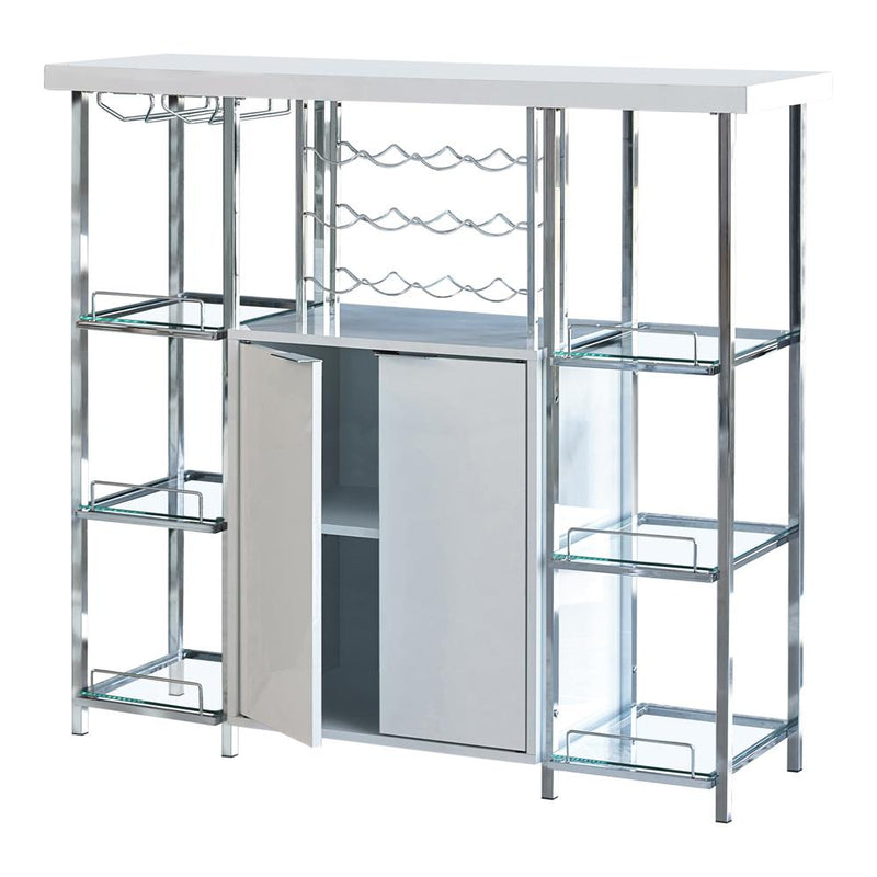 Gallimore 2-door Bar Cabinet with Glass Shelf High Glossy White and Chrome - Furniture Now (CA)