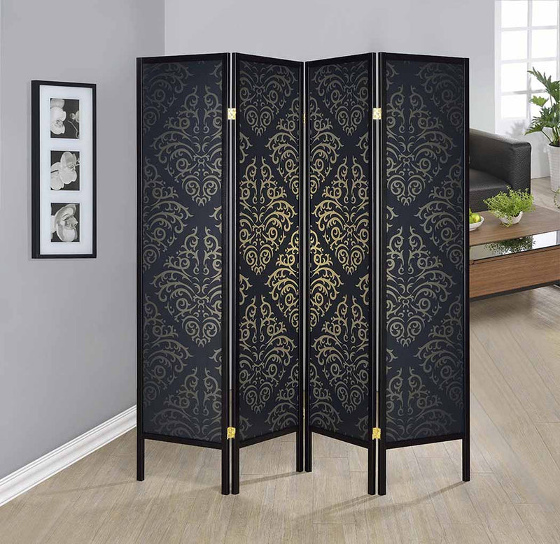 Haidera 4-panel Damask Pattern Folding Screen Black - Furniture Now (CA)