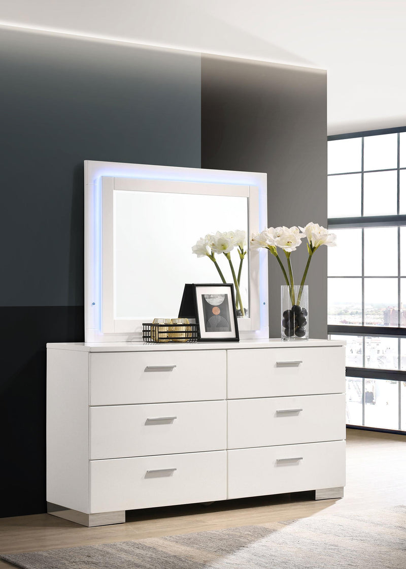 Felicity 6-drawer Dresser with LED Mirror White High Gloss - Furniture Now (CA)