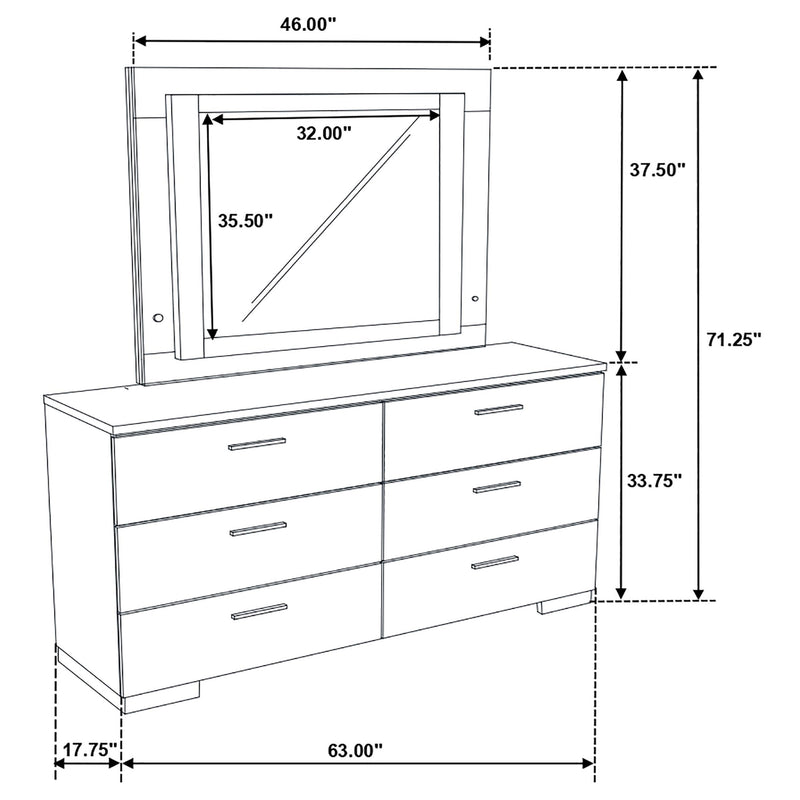 Felicity 6-drawer Dresser with LED Mirror White High Gloss - Furniture Now (CA)