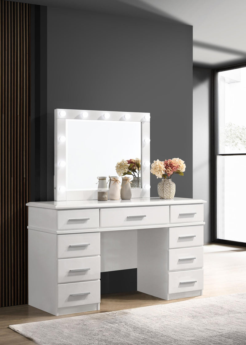 Felicity 9-drawer Vanity Desk with Lighted Mirror Glossy White - Furniture Now (CA)