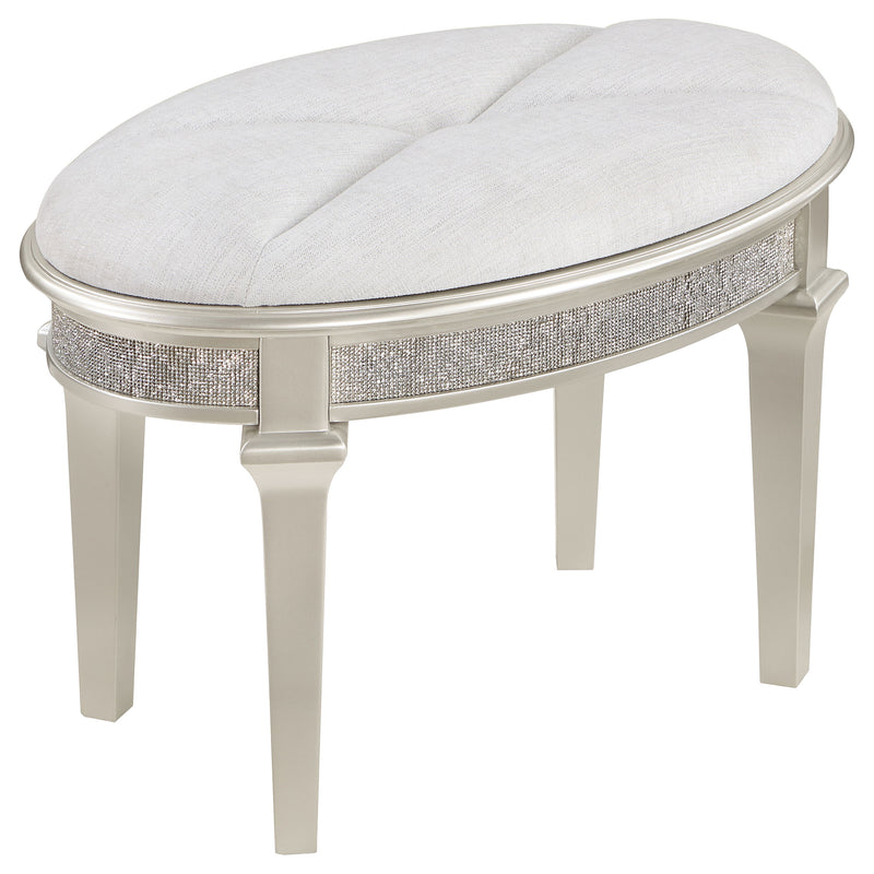 Evangeline Oval Vanity Stool with Faux Diamond Trim Silver and Ivory - Furniture Now (CA)