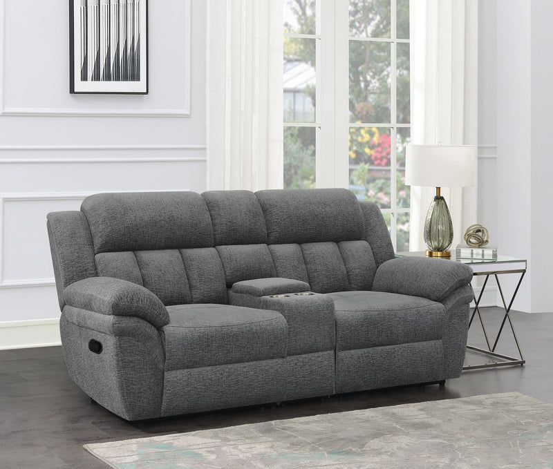 Bahrain Upholstered Motion Loveseat with Console Charcoal - Furniture Now (CA)