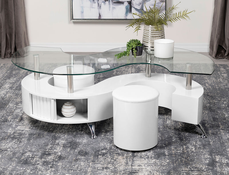 Buckley Curved Glass Top Coffee Table With Stools White High Gloss - Furniture Now (CA)
