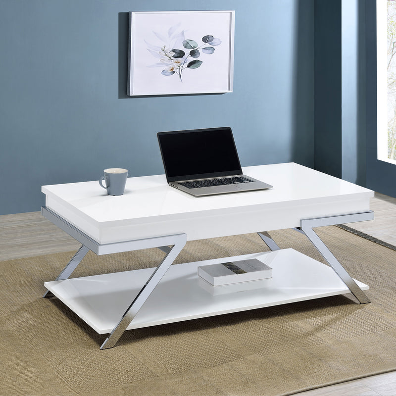 Marcia Wood Rectangular Lift Top Coffee Table White High Gloss and Chrome - Furniture Now (CA)