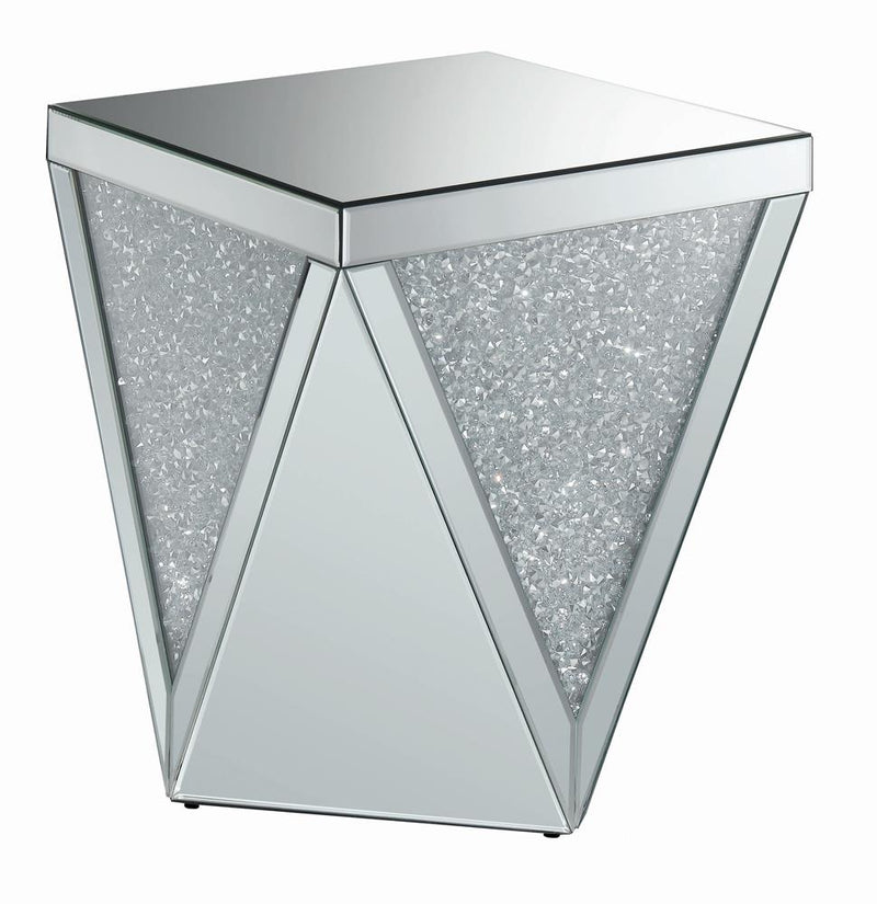 Amore Square End Table with Triangle Detailing Silver and Clear Mirror - Furniture Now (CA)