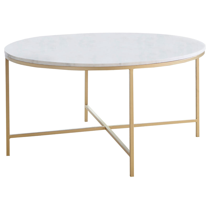 Ellison Round X-cross Coffee Table White and Gold - Furniture Now (CA)