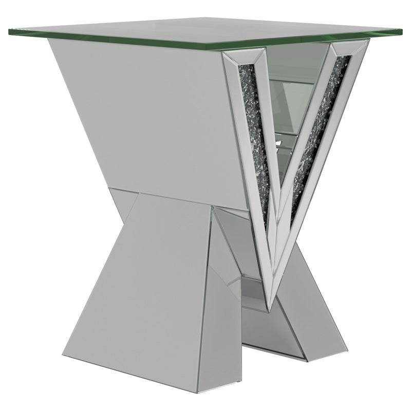 Taffeta V-shaped End Table with Glass Top Silver - Furniture Now (CA)
