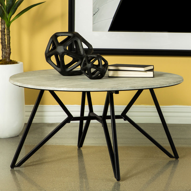 Hadi Round Coffee Table with Hairpin Legs Cement and Gunmetal - Furniture Now (CA)