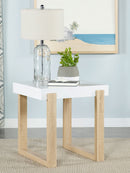 Pala Rectangular End Table with Sled Base White High Gloss and Natural - Furniture Now (CA)