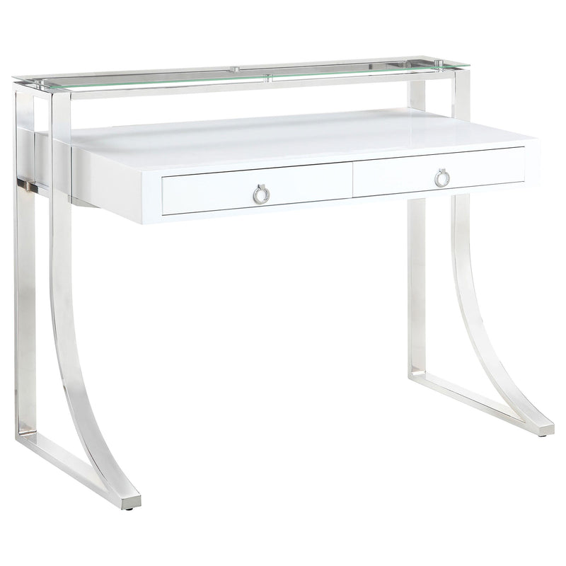 Gemma 2-drawer Writing Desk Glossy White and Chrome - Furniture Now (CA)