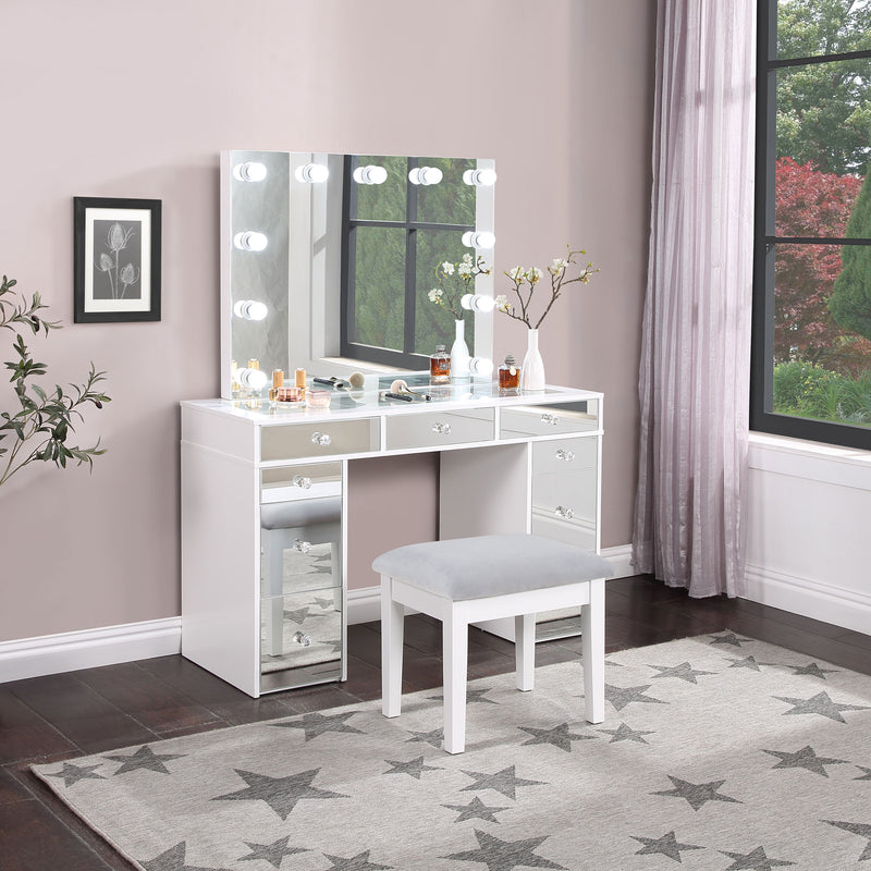 Regina 3-piece Makeup Vanity Table Set Hollywood Lighting White and Mirror - Furniture Now (CA)
