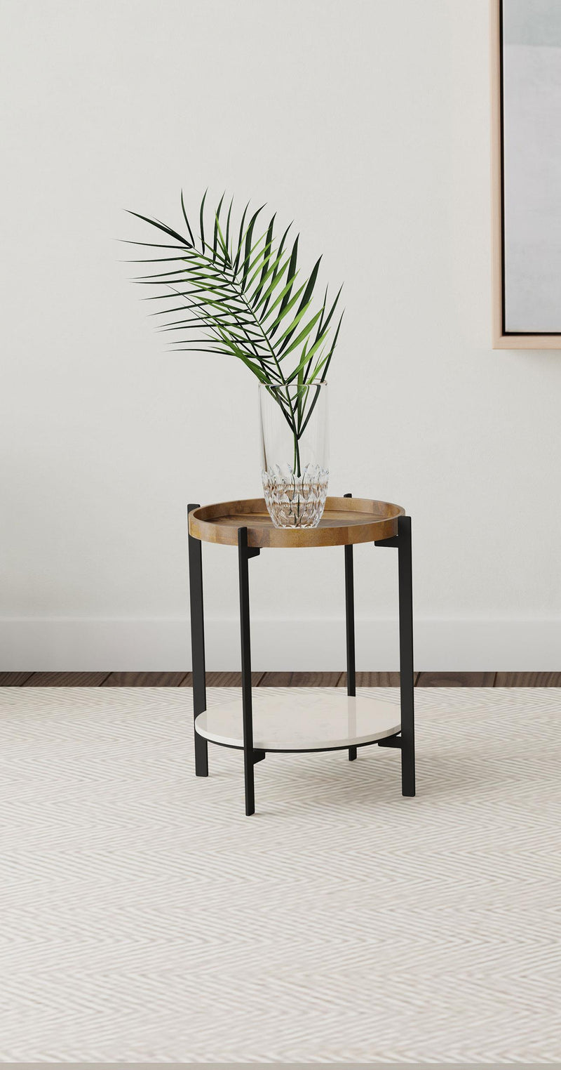 Adhvik Round Accent Table with Marble Shelf Natural and Black - Furniture Now (CA)