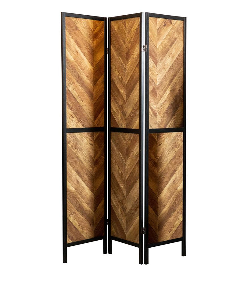 Marlene Herringbone Pattern 3-panel Screen Rustic Tobacco and Black - Furniture Now (CA)