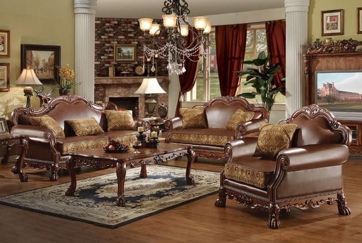Dresden Brown PU & Chenille, Cherry Oak 3-Piece Living Room Set - Furniture Now (CA)
