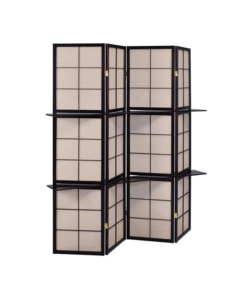 Iggy 4-panel Folding Screen with Removable Shelves Tan and Cappuccino - Furniture Now (CA)