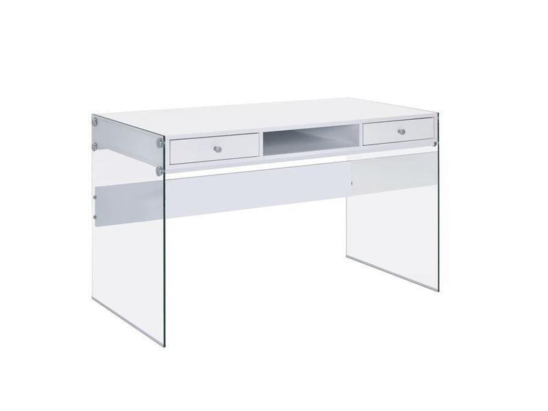 Dobrev 2-drawer Writing Desk Glossy White and Clear - Furniture Now (CA)