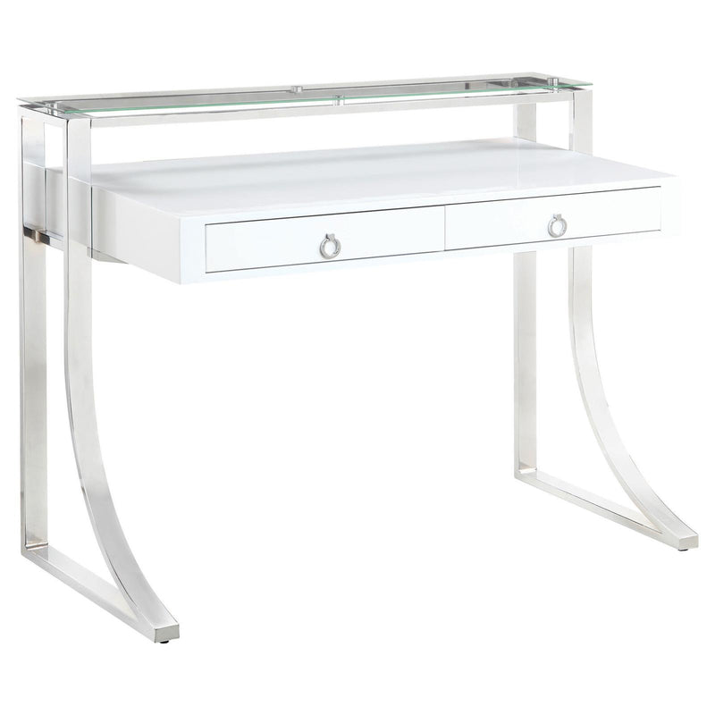 Gemma 2-drawer Writing Desk Glossy White and Chrome - Furniture Now (CA)