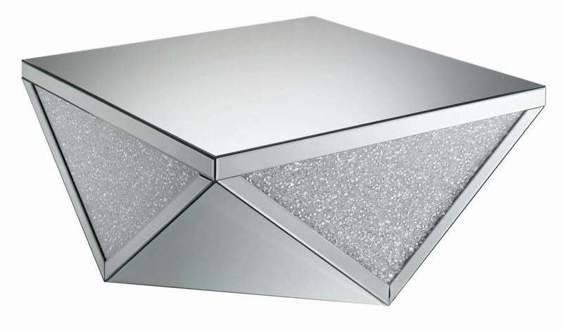 Amore Square Coffee Table with Triangle Detailing Silver and Clear Mirror - Furniture Now (CA)