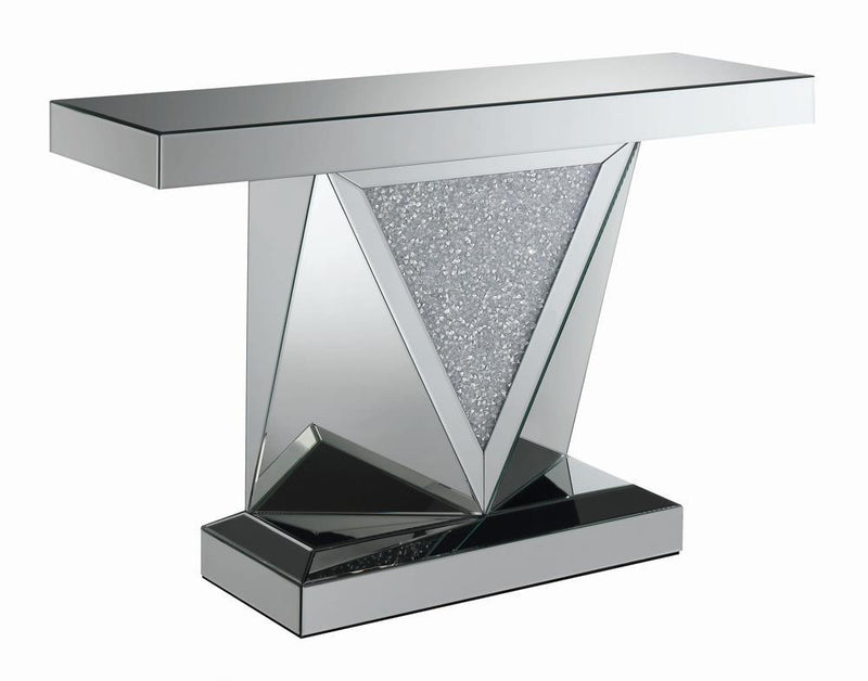 Amore Rectangular Sofa Table with Triangle Detailing Silver and Clear Mirror - Furniture Now (CA)