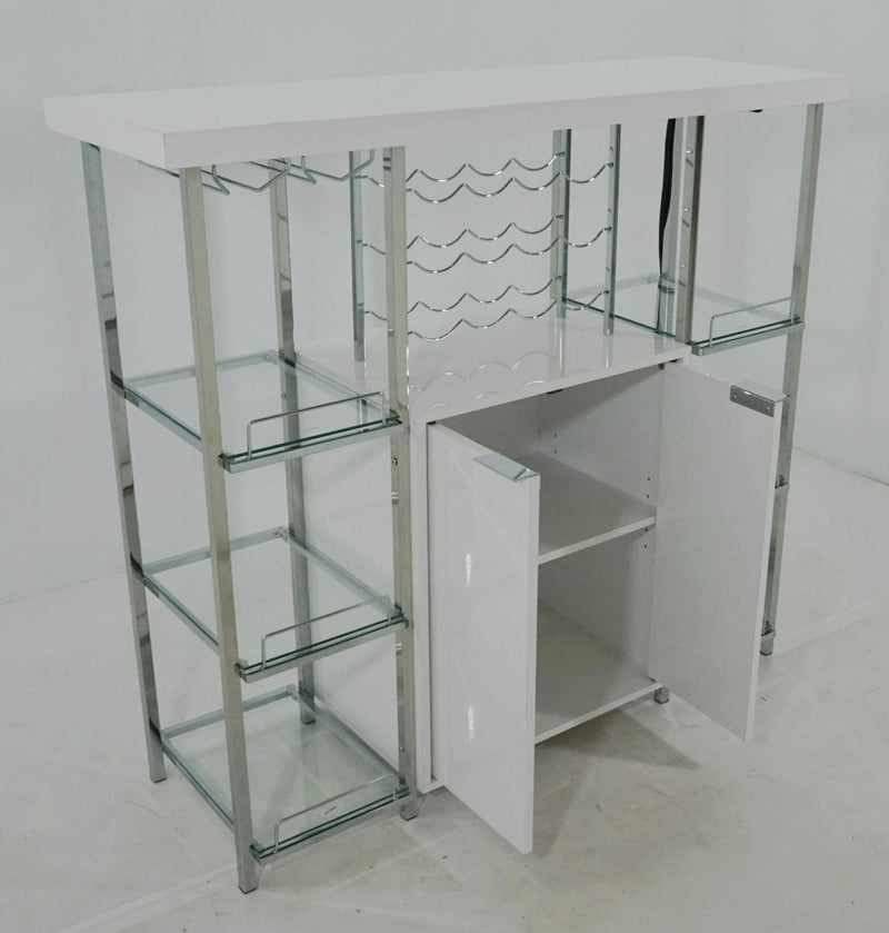 Gallimore 2-door Bar Cabinet with Glass Shelf High Glossy White and Chrome - Furniture Now (CA)