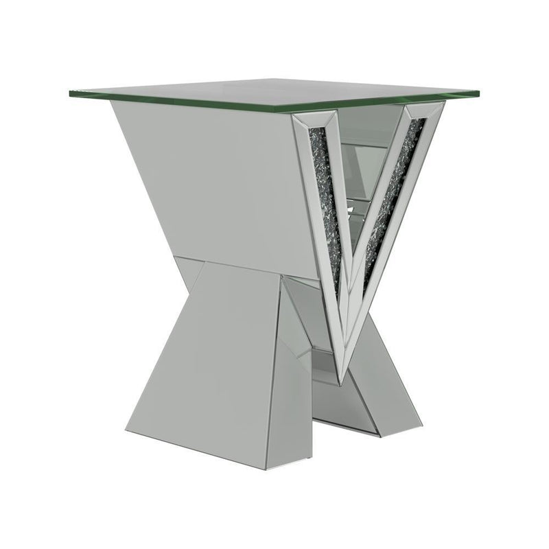 Taffeta V-shaped End Table with Glass Top Silver - Furniture Now (CA)