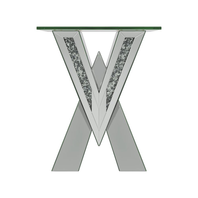 Taffeta V-shaped End Table with Glass Top Silver - Furniture Now (CA)