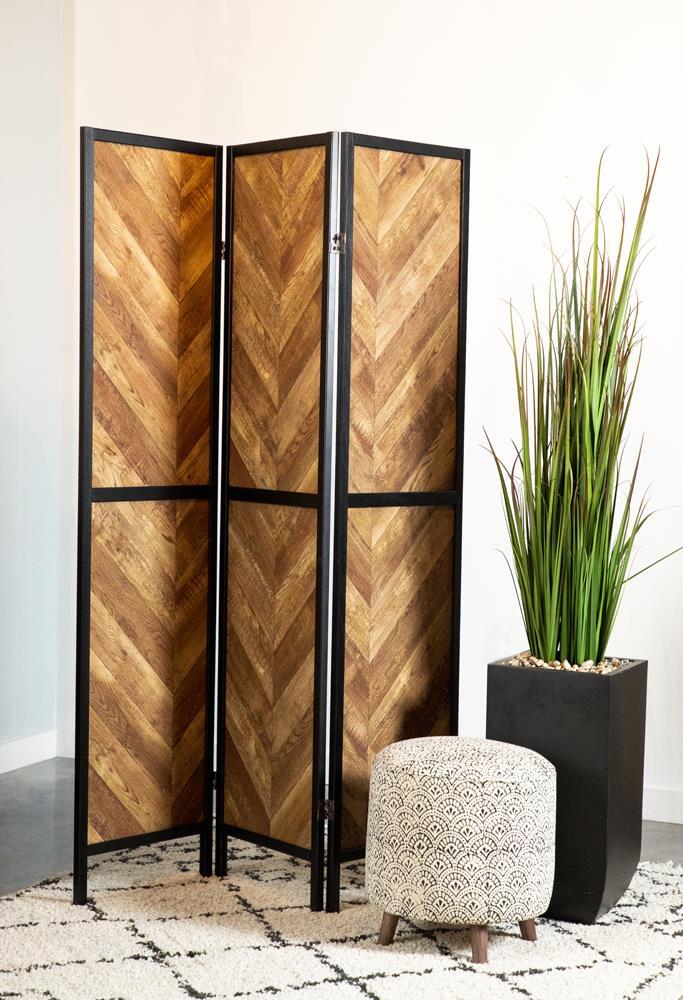 Marlene Herringbone Pattern 3-panel Screen Rustic Tobacco and Black - Furniture Now (CA)