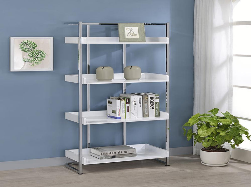 Ember 4-shelf Bookcase White High Gloss and Chrome - Furniture Now (CA)