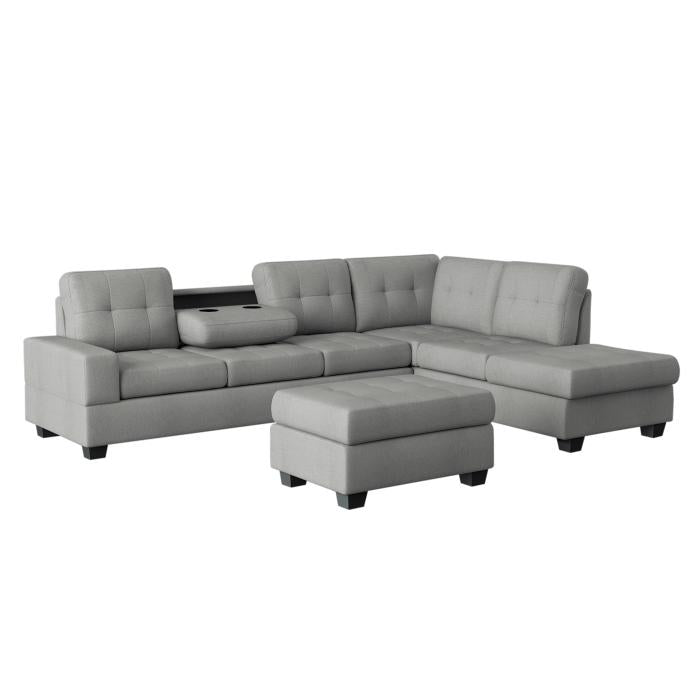 9507GRY3OT - (3)3-Piece Reversible Sectional with Drop-Down Cup Holders and Storage Ottoman - Furniture Now (CA)