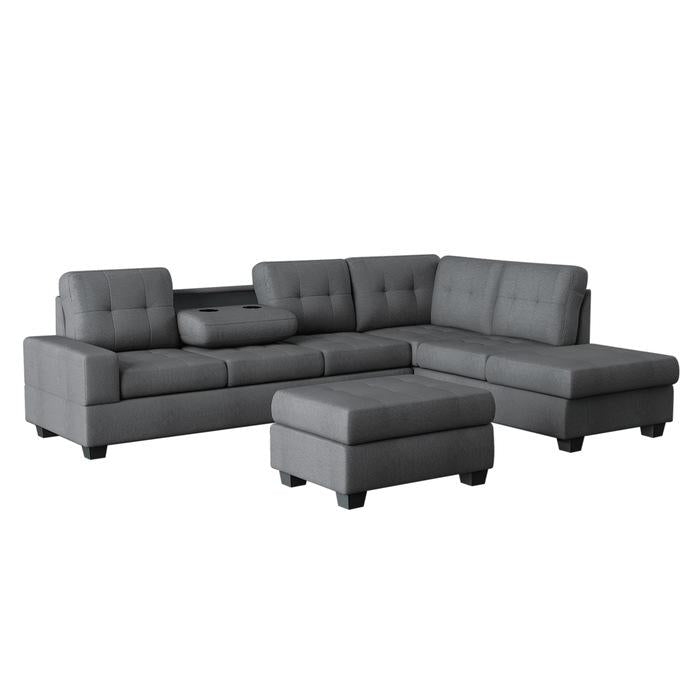 9507DGY3OT - (3)3-Piece Reversible Sectional with Drop-Down Cup Holders and Storage Ottoman - Furniture Now (CA)