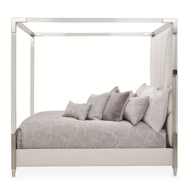 AICO Penthouse/Lanterna King Canopy Channel Tufted Upholstered Bed in Silver Mist - Furniture Now (CA)