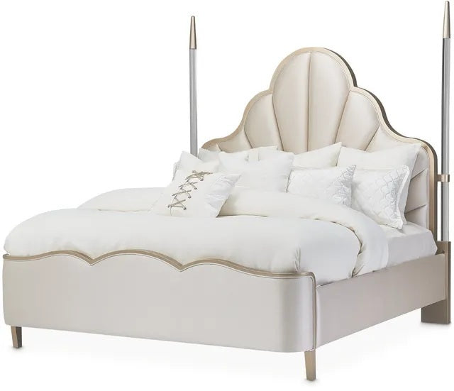 AICO Malibu Crest Queen Scalloped Poster Bed in Chardonnay - Furniture Now (CA)