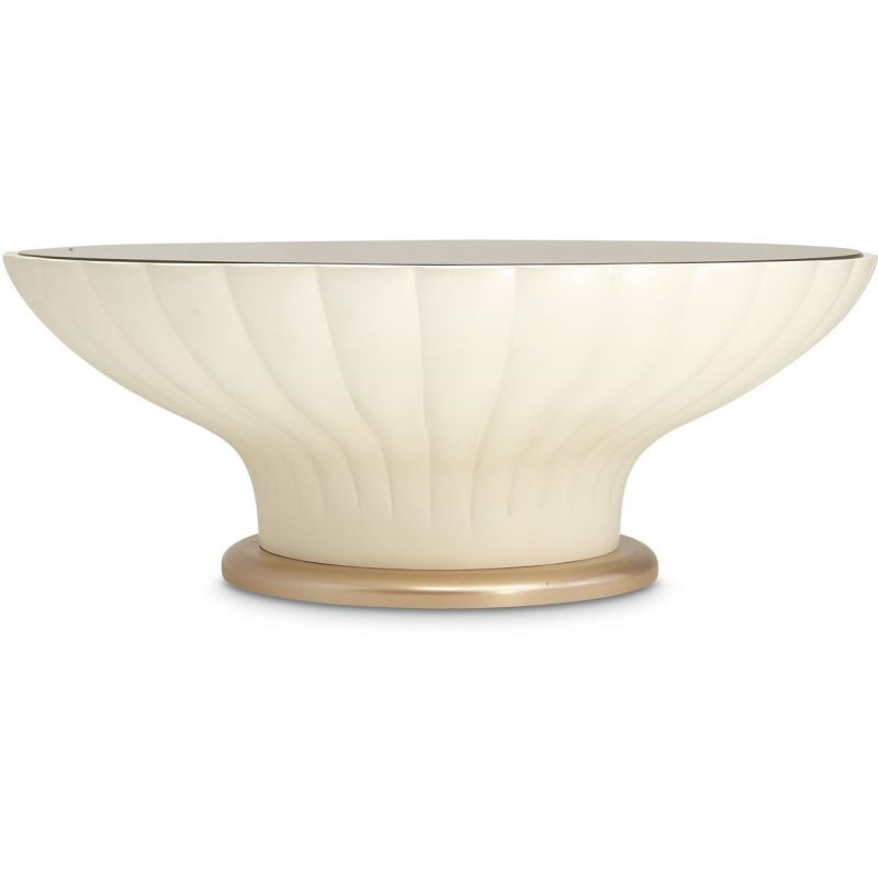 AICO La Rachelle Round Scalloped Cocktail Table with Glass in Medium Champagne - Furniture Now (CA)