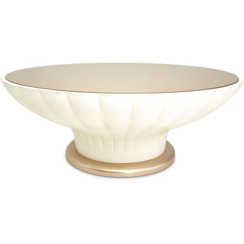 AICO La Rachelle Round Scalloped Cocktail Table with Glass in Medium Champagne - Furniture Now (CA)